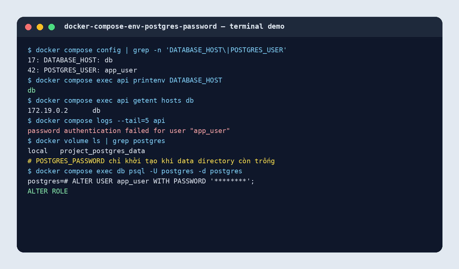 Terminal demo kiểm tra biến và PostgreSQL volume