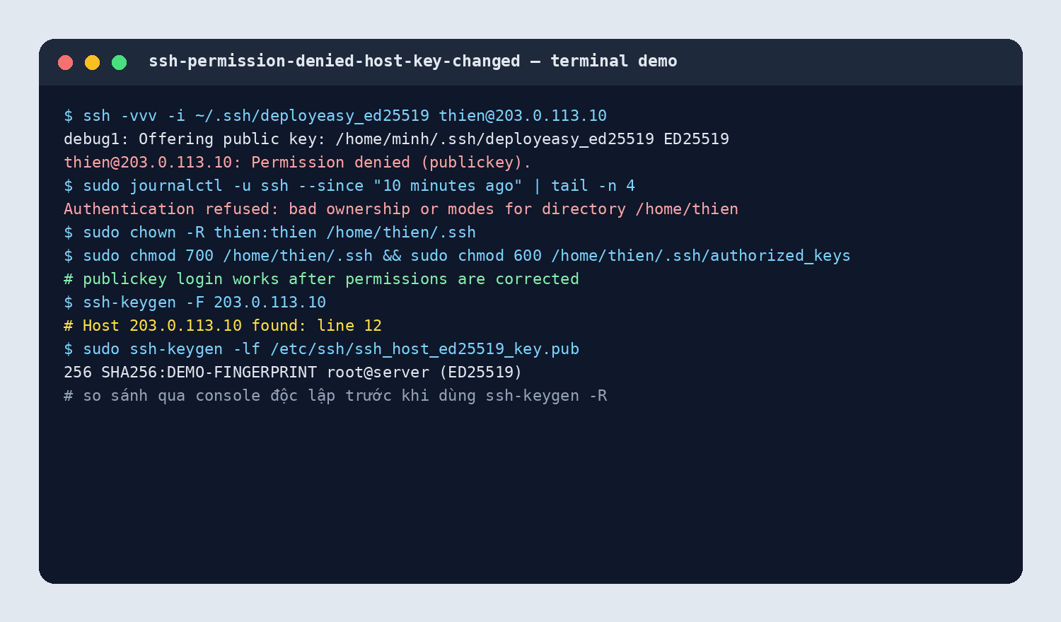 Terminal demo kiểm tra public key và host key